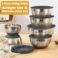 AIKKIL Mixing Bowls with Airtight Lids, 20 piece Stainless Steel Metal Nesting Bowls, Non-Slip Silicone Bottom, Size 7, 3.5, 2.5, 2.0,1.5, 1,0.67QT Great for Mixing, Baking, Serving (Black)