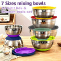 AIKKIL Mixing Bowls with Airtight Lids, 20 piece Stainless Steel Metal Nesting Bowls, Non-Slip Silicone Bottom, Size 7, 3.5, 2.5, 2.0,1.5, 1,0.67QT Great for Mixing, Baking, Serving (Black)