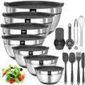 AIKKIL Mixing Bowls with Airtight Lids, 20 piece Stainless Steel Metal Nesting Bowls, Non-Slip Silicone Bottom, Size 7, 3.5, 2.5, 2.0,1.5, 1,0.67QT Great for Mixing, Baking, Serving (Black)