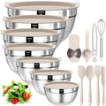 AIKKIL Mixing Bowls with Airtight Lids, 20 piece Stainless Steel Metal Nesting Bowls, Non-Slip Silicone Bottom, Size 7, 3.5, 2.5, 2.0,1.5, 1,0.67QT Great for Mixing, Baking, Serving (Black)