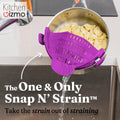 Kitchen Gizmo Snap N Strain Pot Strainer and Pasta Strainer - Strainers and Colanders - Adjustable Silicone Clip On Strainer for Pots, Pans, and Bowls - Kitchen Colander - Purple